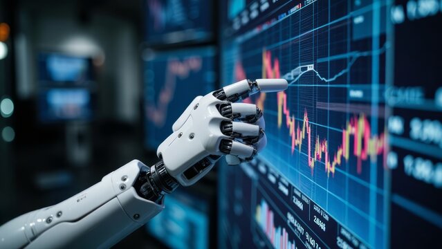 Robotic arm interacts with financial data on a screen.