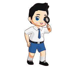 A 3D illustration of a schoolboy using a magnifying glass, symbolizing curiosity, learning, and investigation, ideal for educational content and projects focused on exploration and discovery.