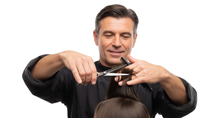 A barber cutting hair with scissors and comb in a salon with a focused and professional manner on transparent background