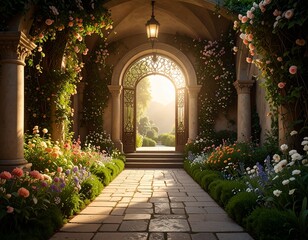 Fototapeta premium beautiful secret fairytale garden with flower background.