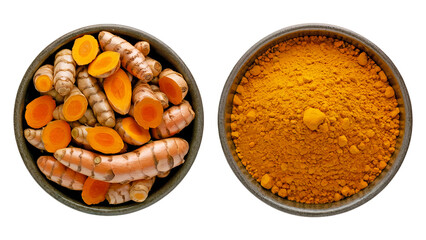 Top view of fresh turmeric root and turmeric powder in ceramic bowls, isolated on transparent background, perfect for health food, spice packaging, and Ayurvedic ingredient visuals