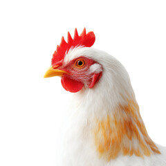 A close-up of a vibrant. white and orange-feathered rooster with a striking red comb and wattles. set against a plain white background. ideal for agricultural or nature-themed projects