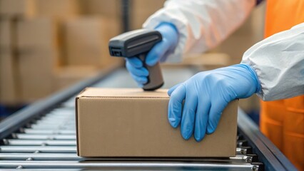 A worker scans a package on a conveyor belt in a warehouse, wearing protective gloves and an orange vest.