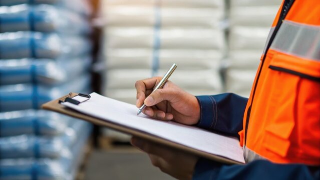 A worker in an orange vest is writing on a clipboard in a warehouse, surrounded by stacked bags, emphasizing organization and logistics.