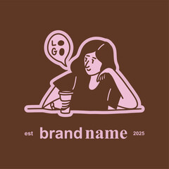 People enjoying coffee. woman holding takeaway paper cups. americano, cappuccino. logo