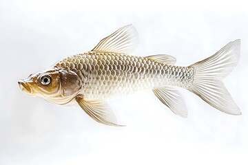 Apenas um peixe de lagoa flutuando no ar isolado em fundo branco. Escamas, alimento, ômega 3, saúde.


