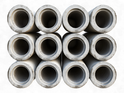 Stack of large concrete drainage pipes with ribbed interiors isolated on transparent background