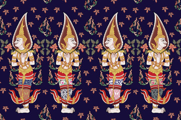Traditional Thai art doorkeeper pattern in damask style motifs suitable for wallpaper, textile, fashion and fabric design isolated over dark blue background archive illustration vector EPS file.