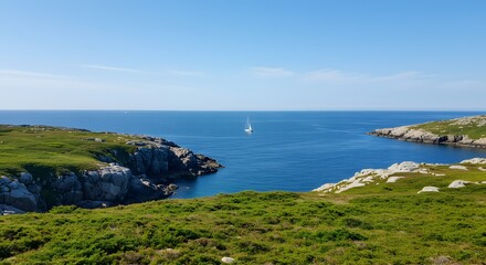Serene Coastal Landscape Sailboat on Calm Ocean Between Rocky Shores