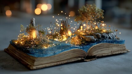 Enchanted Book with Miniature Landscape and Sparkling Lights