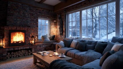 An intimate winter home filled with comfort and warmth provided by the brick fireplace and its chimney, windows showcasing the snow. animated virtual backgrounds, stream overlay loop