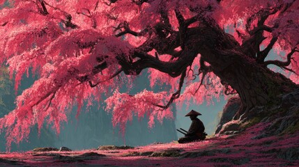 Tranquil Scene Under Cherry Blossom Tree with Meditative Samurai