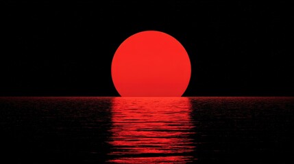 Vibrant Red Sun Setting Over Calm Ocean Waters at Dusk