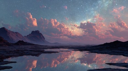 Stunning Landscape with Stars and Colorful Clouds at Dusk