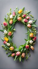 Floral wreath with tulips and greenery on a gray background