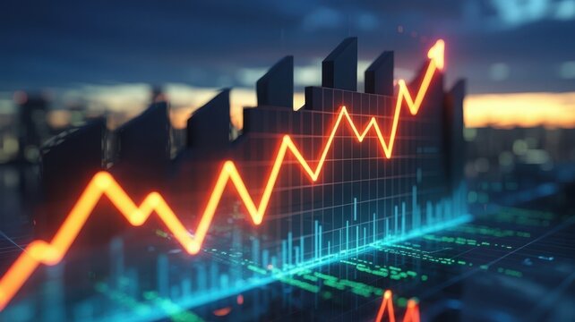 Economic Growth Line Chart Above Cityscape at Dusk