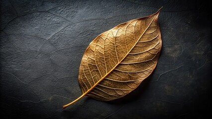 Close-up of a single leaf on a dark background with subtle texture and veins visible