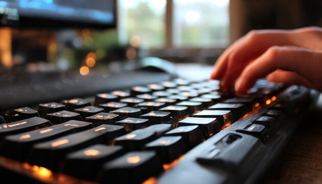 Hands typing on a backlit keyboard
