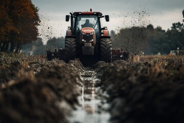 Fototapeta premium Powerful agricultural tractor cultivates muddy field under dramatic overcast sky preparing land for the upcoming planting season heavy machinery hard at work tilling rich soil