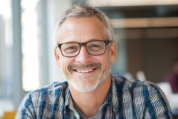 Retrato de un hombre de mediana edad con cabello y barba blanca, profesional, con camisa de cuadros, con gafas, de apariencia luminosa y profesional.
