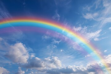Vibrant rainbow gracefully arching across a peaceful blue sky filled with beautiful white fluffy clouds after the rain symbolizing hope nature's amazing colorful light phenomenon.