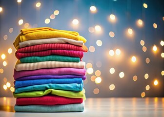 Tall stack of folded colorful clothes with bright lights shining on it for charity display