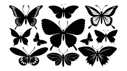 Obraz premium Collection of diverse black butterfly silhouettes on a white background