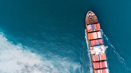 Aerial top view of large container ship at sea, global freight transport, export import cargo logistics, copy space