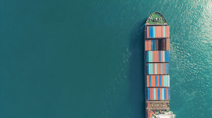 Aerial top view of large container ship at sea, global freight transport, export import cargo logistics, copy space