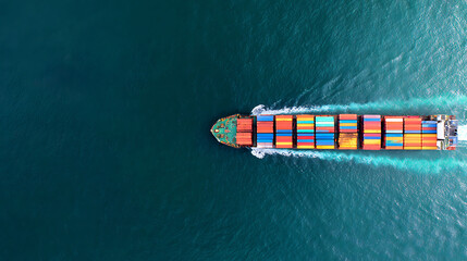 Aerial top view of large container ship at sea, global freight transport, export import cargo logistics, copy space