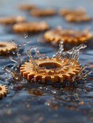 Golden gears splashing in water (1)