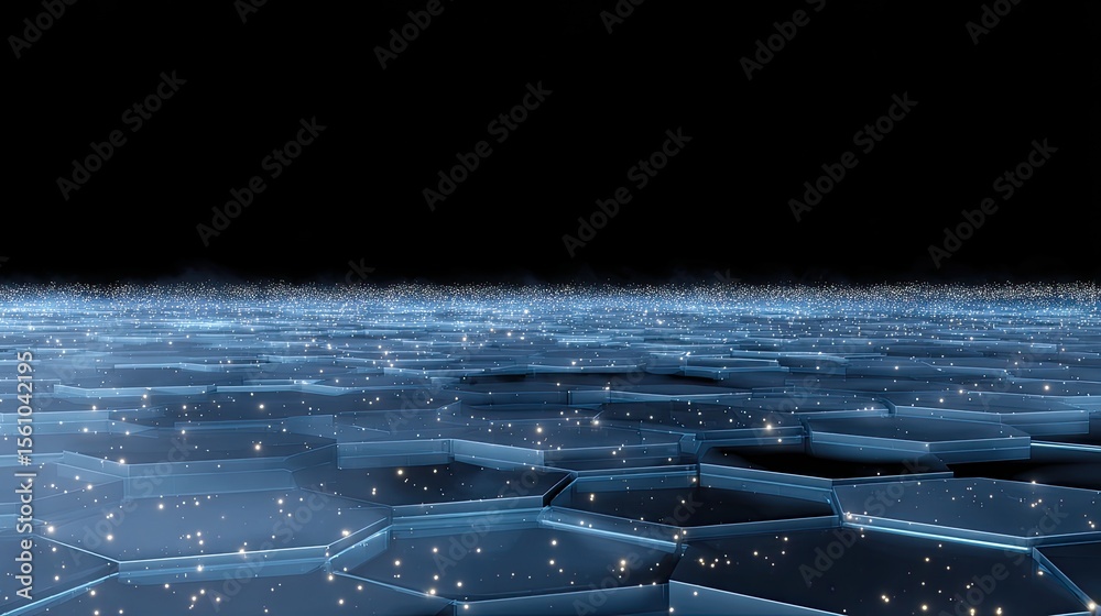 Poster d luminous blue hexagon blockchain mesh with radiant connecting lines and particle effects on dark f