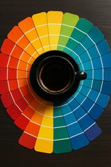 Obraz premium Vibrant top view of a black coffee cup centered on a circular spread of color swatches in full rainbow spectrum, symbolizing creativity, color theory, and morning inspiration