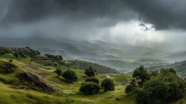 Dramatic stormy weather over a lush green mountain valley with heavy rain falling from dark clouds and sunlight breaking through over a distant rural village