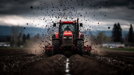 Dynamic farm tractor plowing muddy soil on an agricultural field creating splashes of earth under a cloudy dramatic sky capturing the power and process of modern farming and
