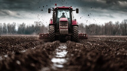 Robust red tractor powerfully plowing and turning over fertile dark soil in a vast agricultural field under a dramatic moody cloudy sky kicking up dirt preparing ground for