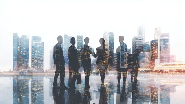Abstract modern city skyline reflection blended with diverse business people silhouettes symbolizing global technology finance collaboration growth and future strategy planning - Powered by Adobe