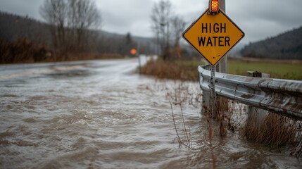 Dangerous flash flooding on rural road from heavy rain, prominent 'HIGH WATER' warning sign and flashing light beside submerged guardrail under cloudy sky, illustrating hazardous