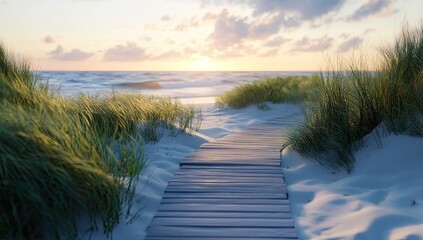 Wooden walkway leads to a tranquil ocean sunset. Lush beach grass borders a path of light gray wooden planks that gently stretches into the soft sands and toward a golden sunset over the ocean