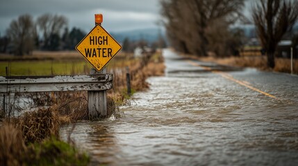 High water warning sign prominently displayed on a deeply submerged rural road during intense heavy rainfall causing significant transportation disruption infrastructure damage