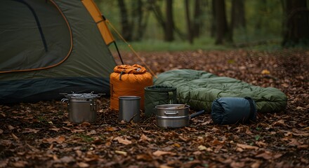 Autumn Camping Gear Tent, Sleeping Bag, Cookware in Forest