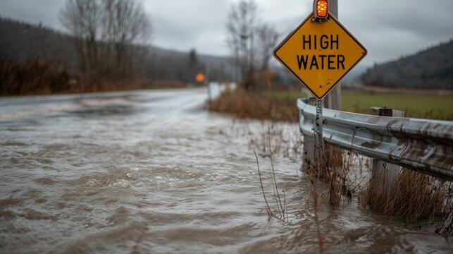 Dangerous flash flooding on rural road from heavy rain, prominent 'HIGH WATER' warning sign and flashing light beside submerged guardrail under cloudy sky, illustrating hazardous