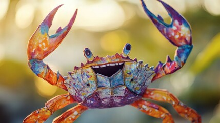 A brightly colored crab with open claws in a sunny setting