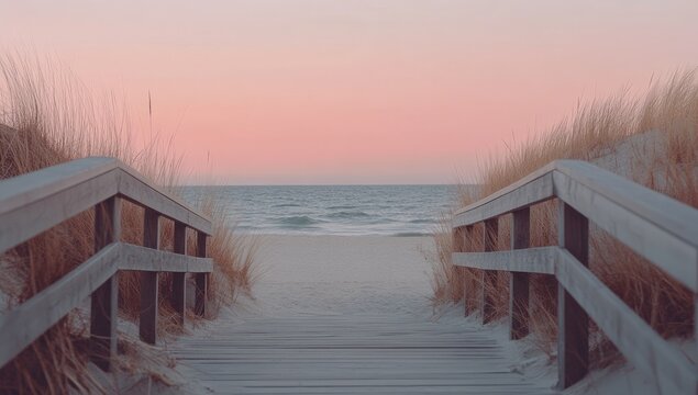 Wooden walkway leading to a beach at sunset.  Pastel colors