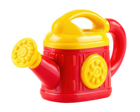 Red yellow plastic watering can toy isolated on transparency background, playful garden tool for children, cheerful design, lightweight, suitable for outdoor or indoor use, fun activity