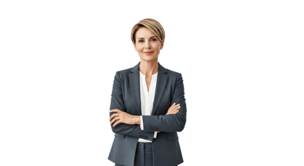 A confident businesswoman in a suit with arms crossed standing against a dark background looking forward on transparent background