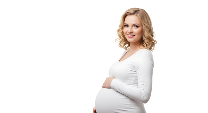 A pregnant woman with blonde curly hair wearing a white long sleeved shirt holding her belly smiling on transparent background