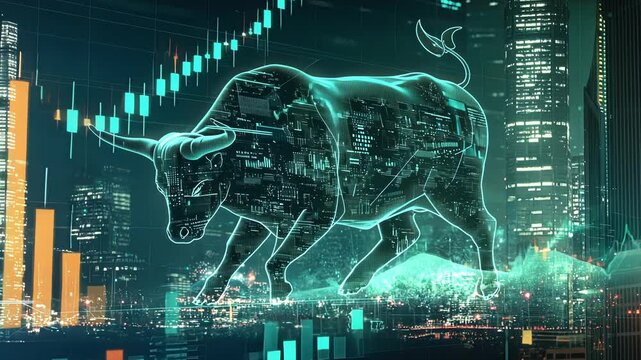 A futuristic bull emerges from a data cloud with a rising stock chart enveloping it encapsulating the spirit of free enterprise amid a glowing urban horizon.