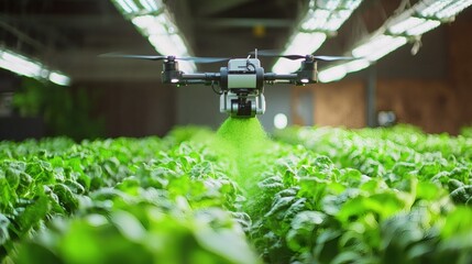 A drone sprays crops with a green substance inside a building