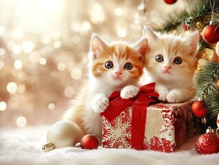 Two adorable kittens cuddle together in front of a festive Christmas tree, presenting a wrapped gift.